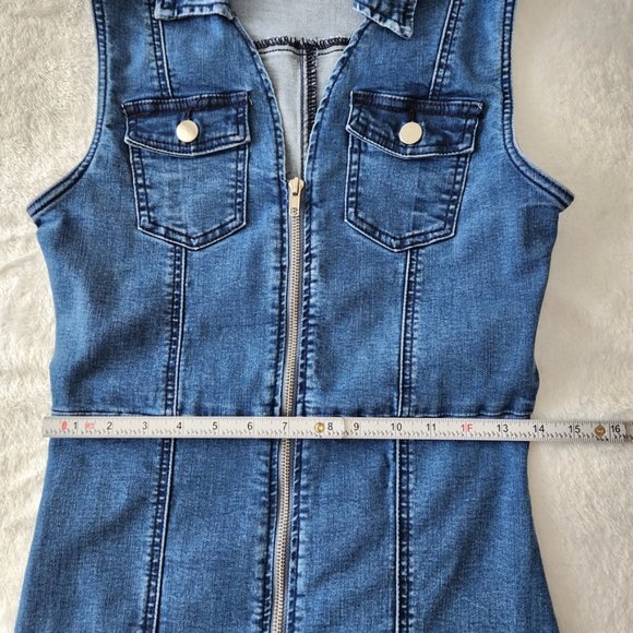 Vintage Y2K Zip Up Denim Dress Medium Blue Sleeveless // Large - Picture 7 of 12